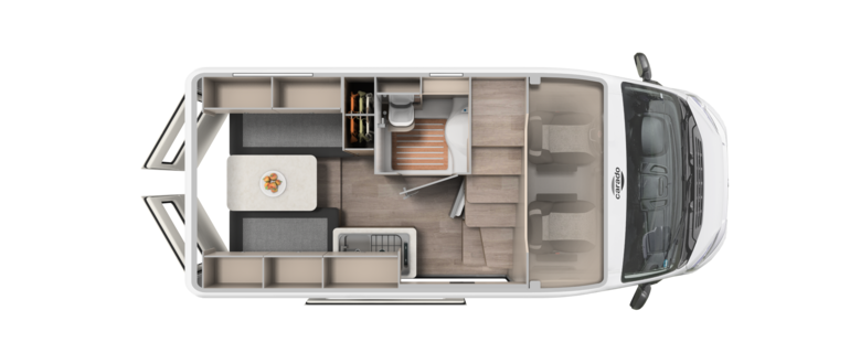 Top view of a Carado motorhome floor plan with lounge, kitchen, bathroom and rear bed