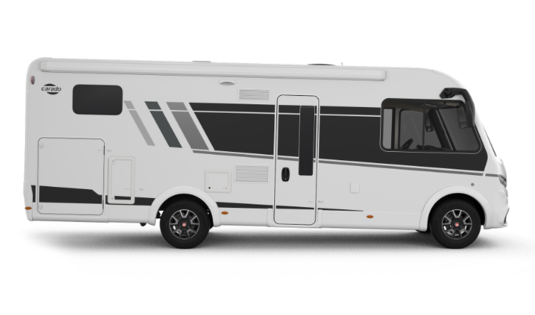 Carado motorhome, side view of a white integrated motorhome on a cut-out background