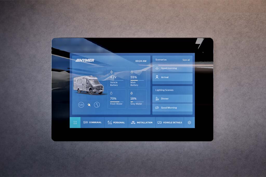 The HYMER Connect display inside the HYMER Grand Canyon S shows all relevant vehicle information and settings.