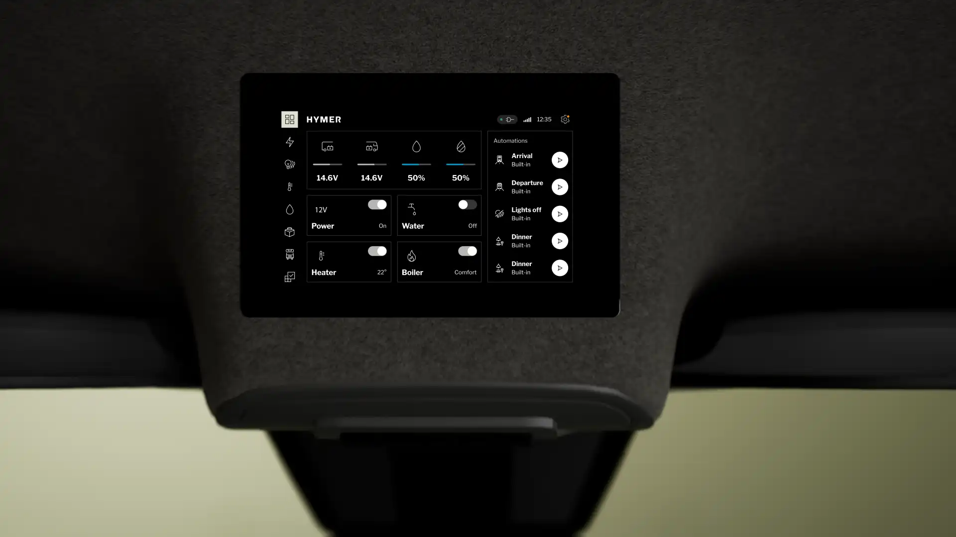 The HYMER Connect display inside the HYMER Grand Canyon S shows all relevant vehicle information and settings.