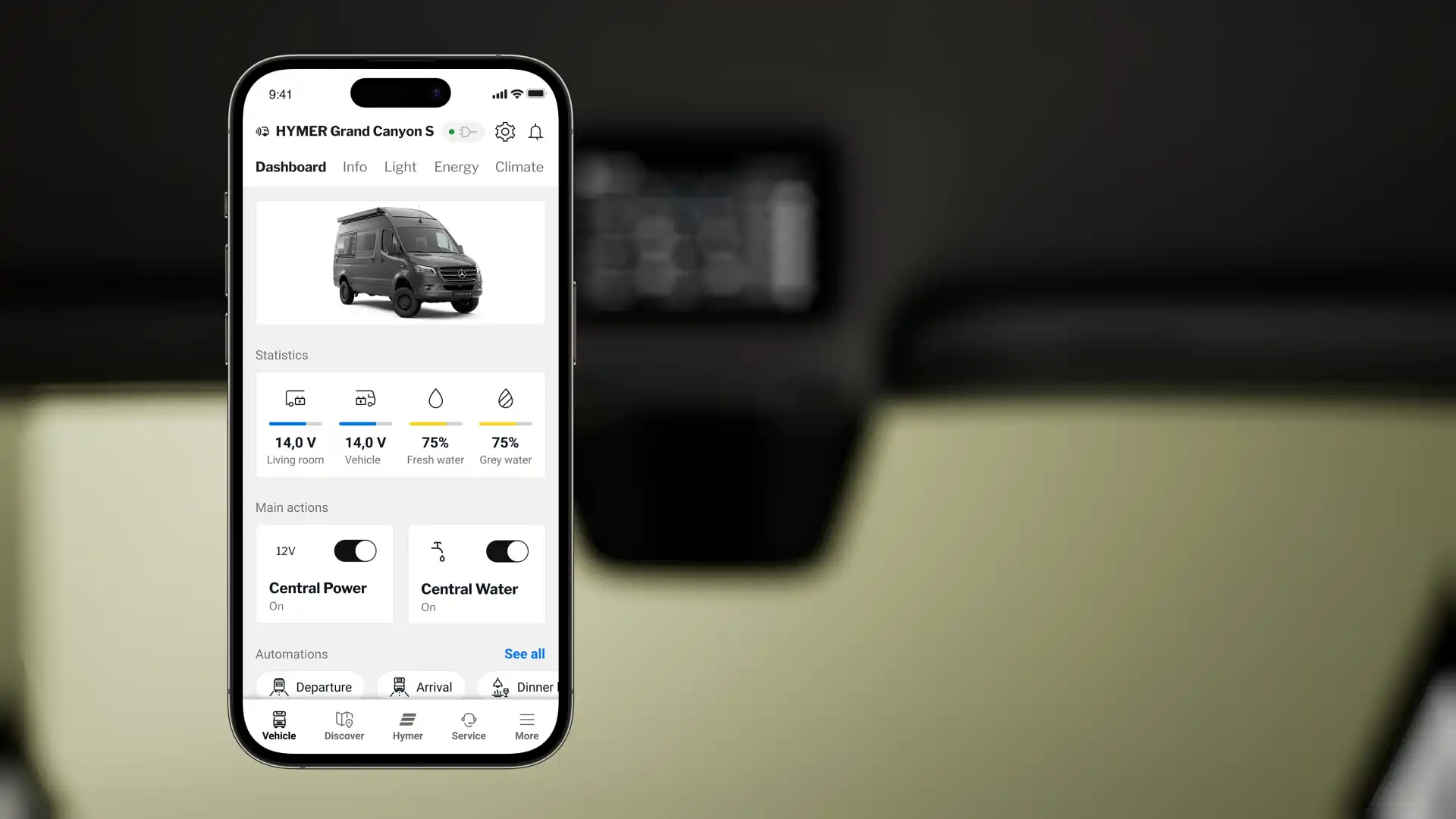 The HYMER Connect app displays vehicle information and offers adjustment options on the smartphone.