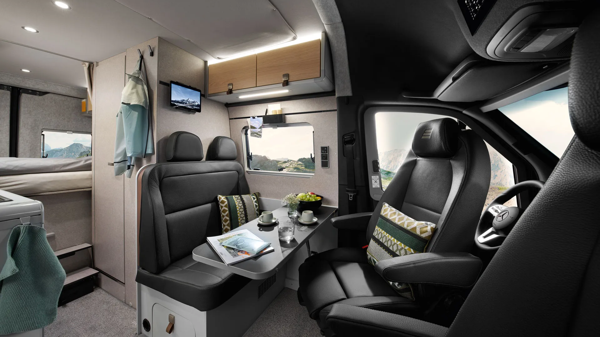 Simply turn the driver and passenger seats around to create two extra seats in the seating area.