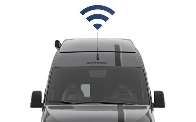 The upper part of the front view of a dark grey HYMER campervan as a cut-out. A dark blue signal reception icon is added above the antenna.