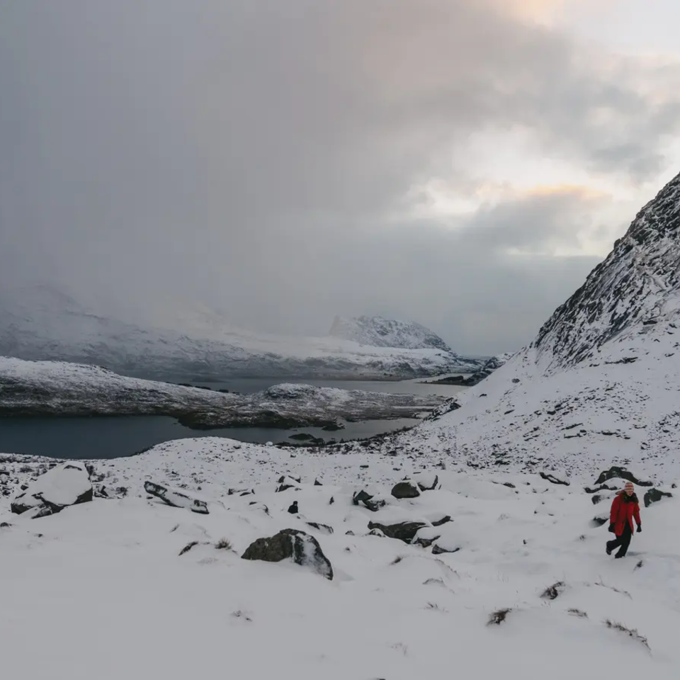 Snow-covered mountains, fjord in the background